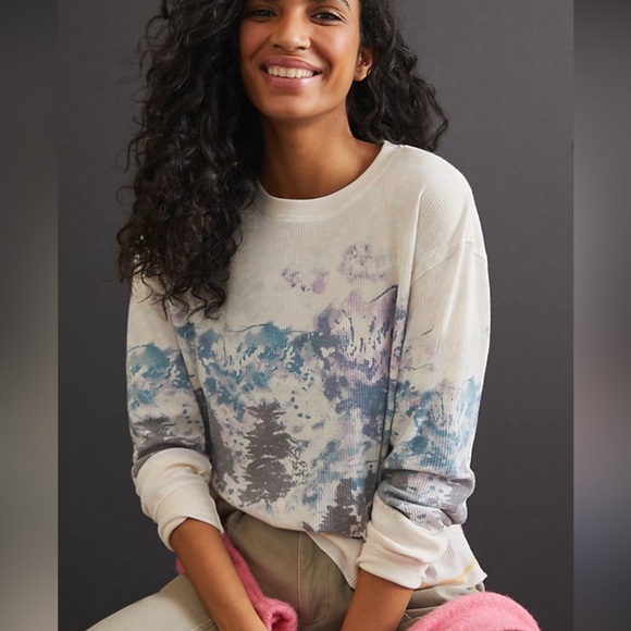 Anthropologie Snow Day Mountain Scenic Waffle Knit Top XS - Picture 2 of 9